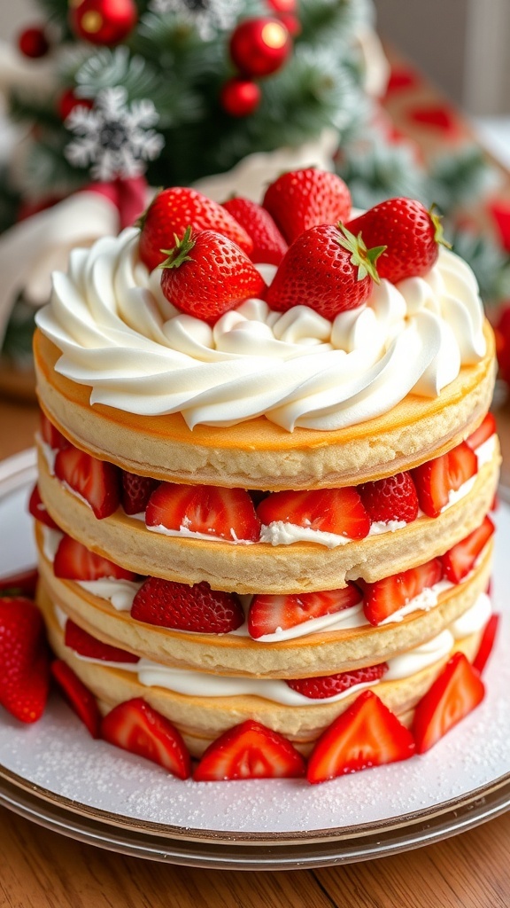 Japanese Christmas cake with whipped cream and strawberries, beautifully decorated for the holiday season.